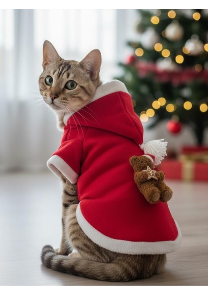 Teddy Amca Kırmızı Xmas Kedi Kıyafeti | Kapüşonlu Polar Noel Sweatshirt | Küçük Irklar Için
