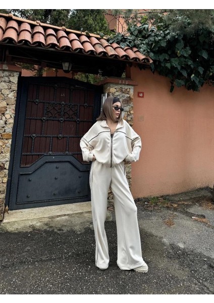 Fermuarlı Eşofman Pantolon Ikili Takım - Beyaz