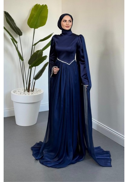 Nuvell Beli ve Kol Ucu Taşlı Abiye Lacivert