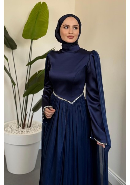 Nuvell Beli ve Kol Ucu Taşlı Abiye Lacivert fiyatları