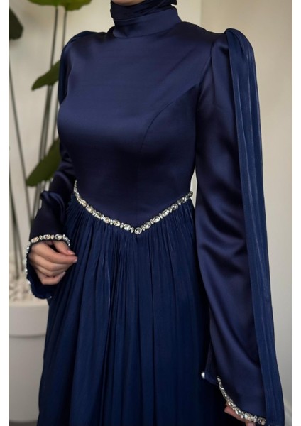Nuvell Beli ve Kol Ucu Taşlı Abiye Lacivert modelleri