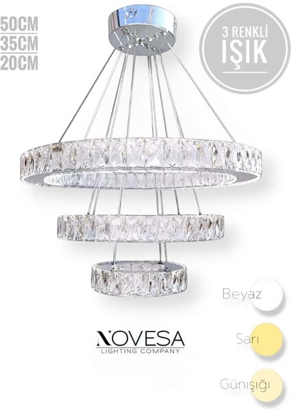 Novesa Kristal Taşlı 3 Halkalı Çember/yuvarlak 3 Renk LED