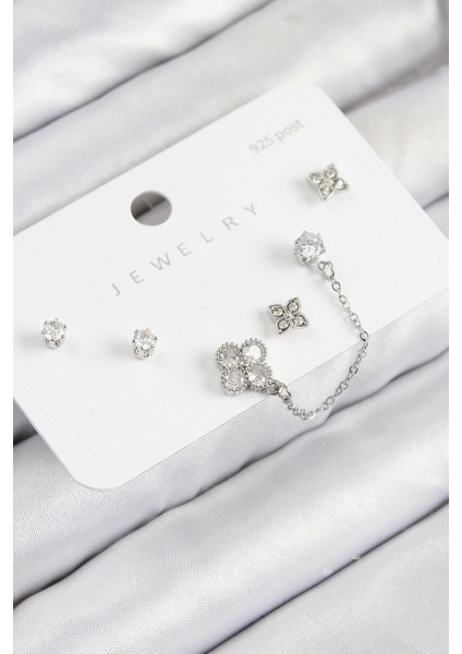 Bfs Pirinç Zirkon Taşlı Yonca Model Gümüş Renk 925 Ayar Gümüş Çivi Kadın Küpe Set
