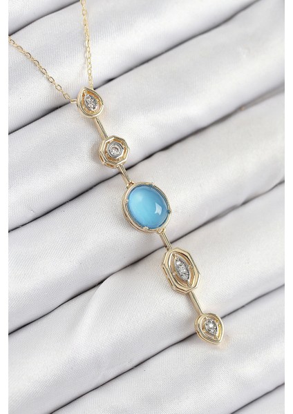 Bfs Pirinç Zincir Mavi Gold Renk Zirkon Taşlı Y Kolye