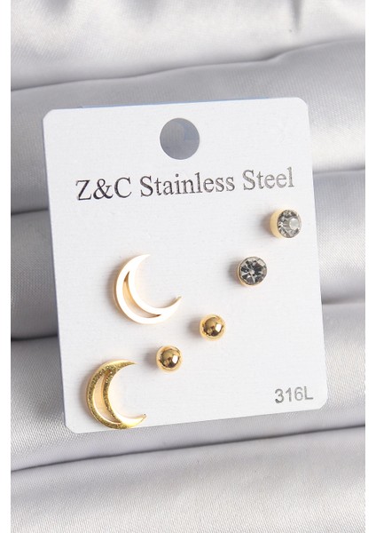 Bfs 316L Çelik Gold Renk Zirkon Taşlı Hilal Model Kadın Küpe Seti