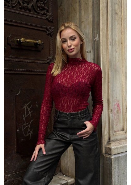 Kadın Yarım Balıkçı Yaka Full Esnek Dantel Bürümcük Spor Şık Tasarım Gece Bluzu fırsatları