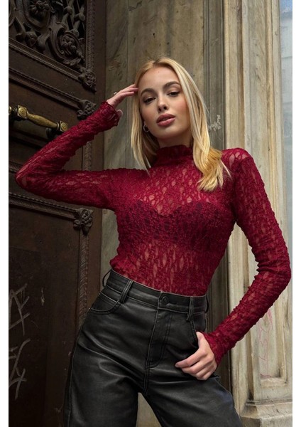 Kadın Yarım Balıkçı Yaka Full Esnek Dantel Bürümcük Spor Şık Tasarım Gece Bluzu indirimleri