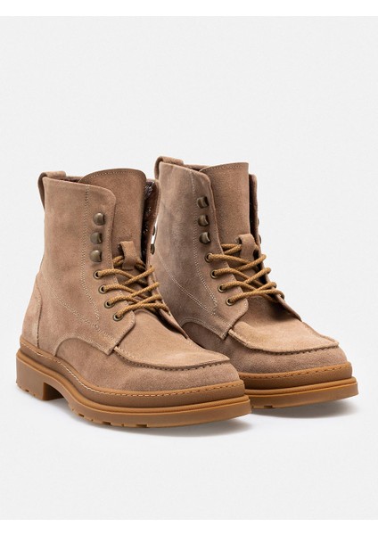 Kum Beji Rengi Bağcıklı Hiker Stili El Yapımı Hakiki Süet Deri Erkek Bot