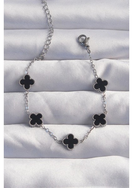 Bfs 316L Çelik Baby Boy Gümüş Renk Siyah Mineli Yonca Bileklik