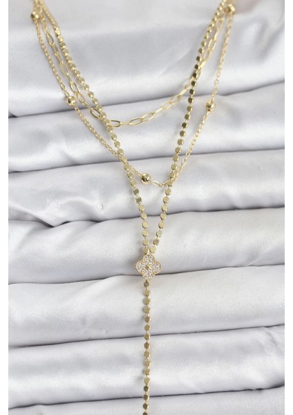 Bfs Pirinç Gold Renk Zirkon Taşlı Yonca Model Detaylı 3'lü Kombin Y Kadın Kolye