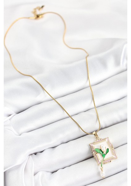 Bfs 316L Çelik Zincir Beyaz Sanatsal Portre Sallantılı Inci Detaylı Lale Model Gold Renk Kadın fiyatları