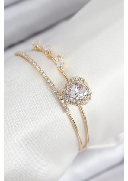 Bfs Pirinç Zirkon Taşlı Kalp Model Gold Renk Kadın Bileklik