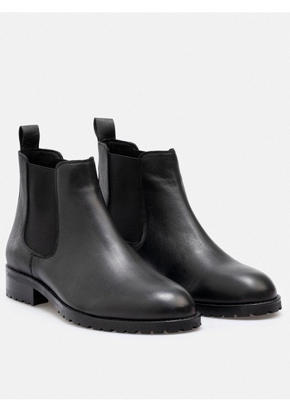 Erkek Siyah Hakiki Deri El Işçiliği Yanı Lastikli Tırtıklı Taban Chelsea Bot