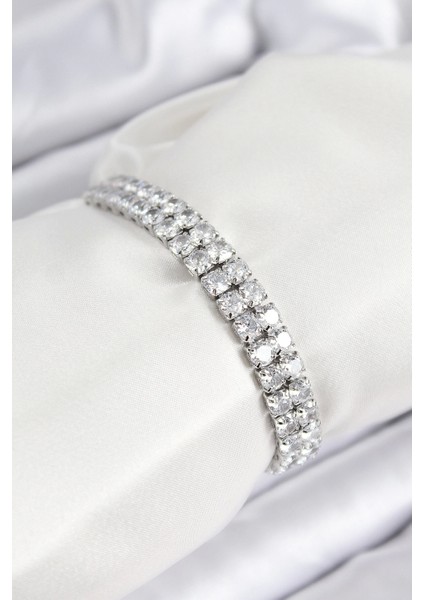 Bfs Pirinç Zirkon Taşlı Çift Sıra Kare Model Gümüş Renk Asansörlü Kadın Bileklik