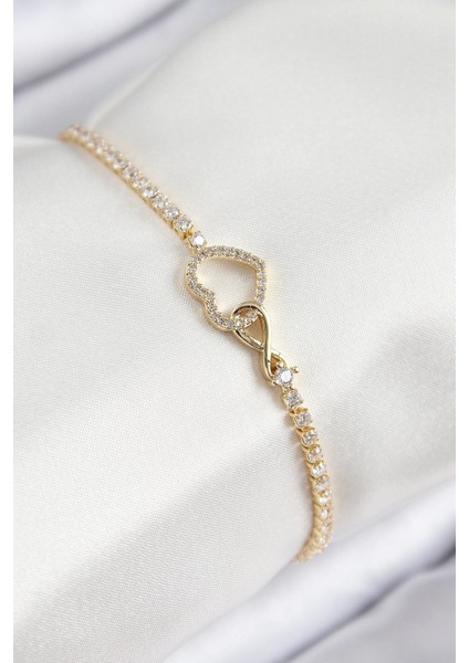 Bfs Pirinç Zirkon Taşlı Sonsuzluk Kalp Model Gold Renk Kadın Bileklik