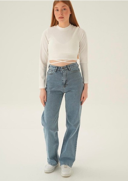 Kot Pantolon Yüksek Bel Bol Paça Jean Buzkar