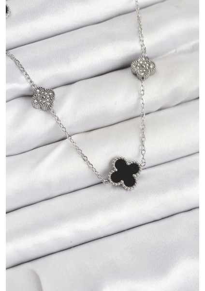 Bfs 316L Çelik Zincir Gümüş Renk Siyah ve Zirkon Taşlı Yonca Kadın Kolye