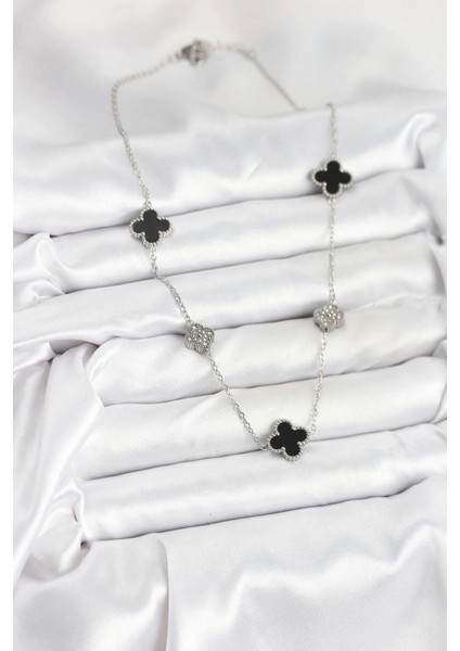 Bfs 316L Çelik Zincir Gümüş Renk Siyah ve Zirkon Taşlı Yonca Kadın Kolye fiyatları