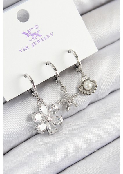 Bfs Pirinç Zirkon Taşlı 3'lü Çiçek ve Istiridye Model Gümüş Renk Kadın Küpe