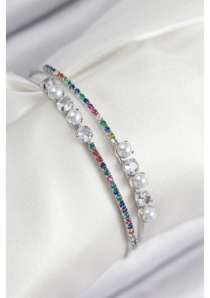 Bfs Pirinç Zirkon Taşlı Inci Model Gümüş Renk Kadın Bileklik