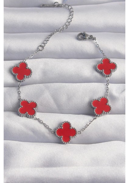 Bfs 316L Çelik Gümüş Renk Kırmızı Mineli Yonca Bileklik