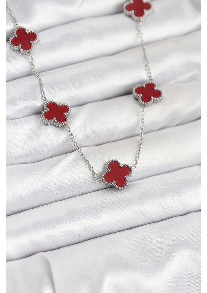 Bfs 316L Çelik Zincir Gümüş Renk Bordo Renk Yonca Kadın Kolye