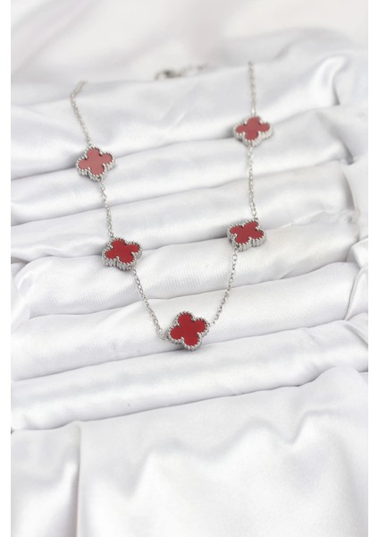 Bfs 316L Çelik Zincir Gümüş Renk Bordo Renk Yonca Kadın Kolye fiyatları