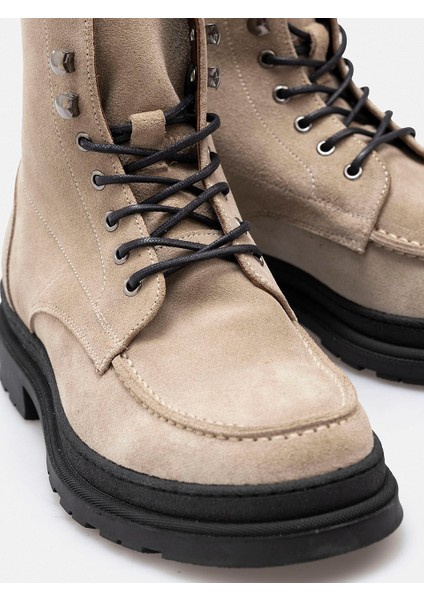 Bej Rengi Bağcıklı Hiker Stili El Yapımı Hakiki Süet Deri Erkek Bot fırsatları