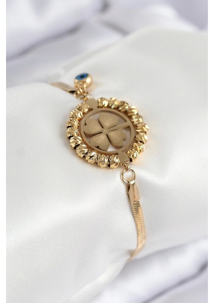 Bfs 316L Çelik Nazar Boncuk Detaylı Yonca Model Italyan Zincir Gold Renk Kadın Bileklik