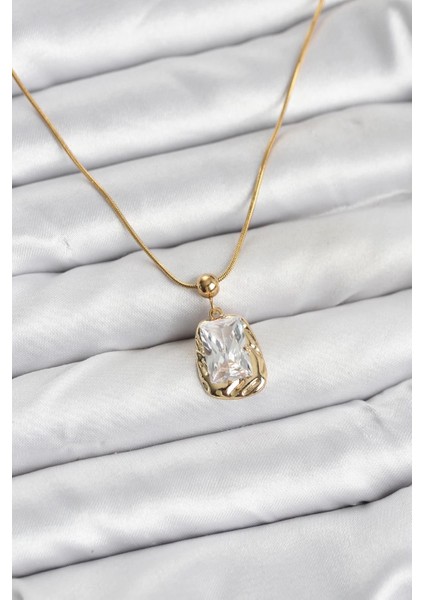 Bfs 316L Çelik Zincir Gold Renk Zirkon Taşlı Kadın Kolye