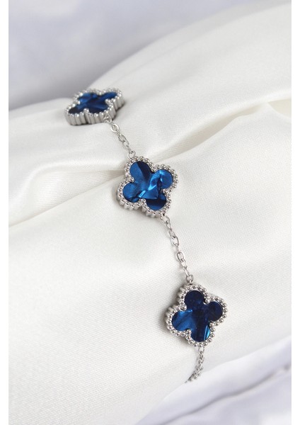 Bfs 316L Çelik Sedefli Lacivert Gümüş Renk Yonca Kadın Bileklik