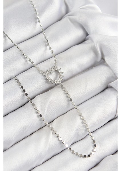 Bfs Pirinç Zirkon Taşlı Ezme Zincirli Kalp Model Gümüş Renk Y Kolye