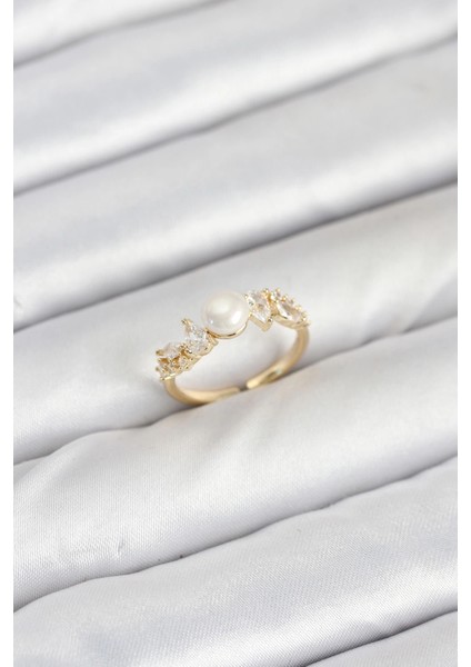 Bfs Pirinç Gold Renk Zirkon Taşlı Incili Model Kadın Yüzük