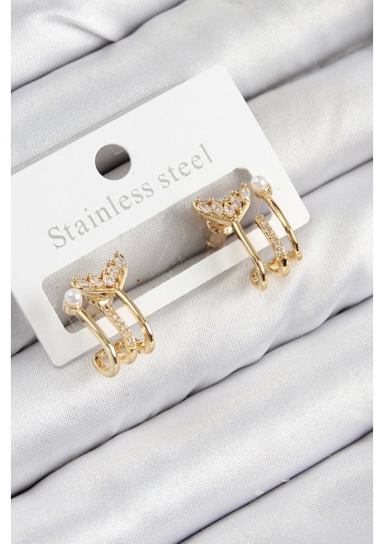 Bfs Pirinç Zirkon Taşlı Inci Detaylı Balık Kuyruğu Model Gold Renk Kadın Küpe