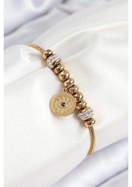 Bfs 316L Çelik Zirkon Taşlı Göz Charm Model Gold Renk Kadın Bileklik