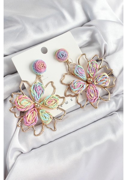 Bfs Pirinç Rainbow Çiçek Model Gold Renk Kadın Hasır Küpe