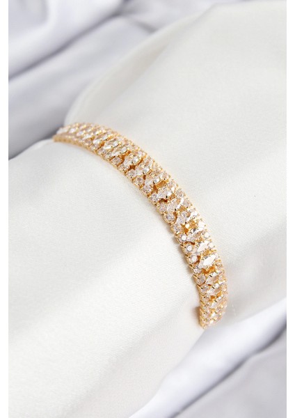 Bfs Pirinç Zirkon Taşlı Tennıs Model Gold Renk Asansörlü Kadın Bileklik