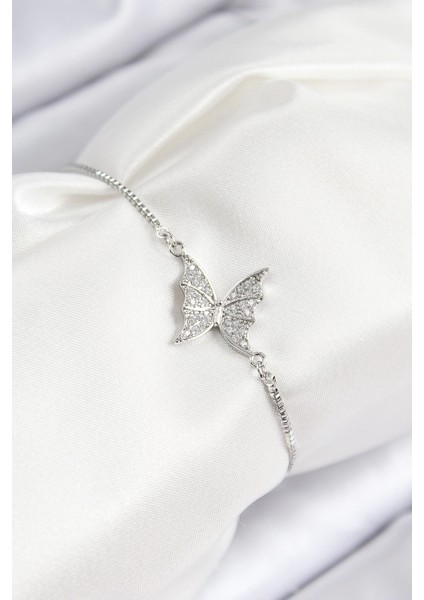 Bfs Pirinç Zirkon Taşlı Kelebek Model Gümüş Renk Asansörlü Kadın Bileklik
