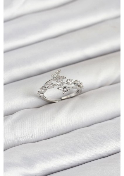 Bfs Pirinç Gümüş Renk Zirkon Taşlı Kelebek Model Kadın Yüzük