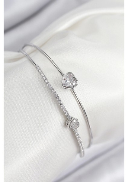 Bfs Pirinç Zirkon Taşlı Kalp Model Gümüş Renk Kadın Bileklik