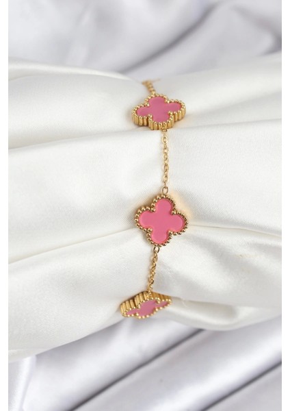 Bfs 316L Çelik Gold Zincir Pembe Yonca Renk Bileklik