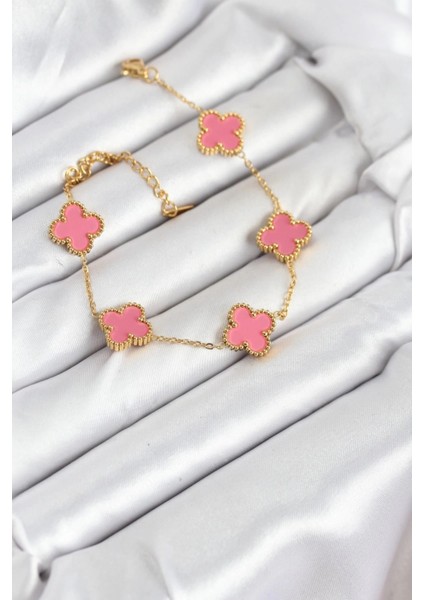 Bfs 316L Çelik Gold Zincir Pembe Yonca Renk Bileklik fiyatları