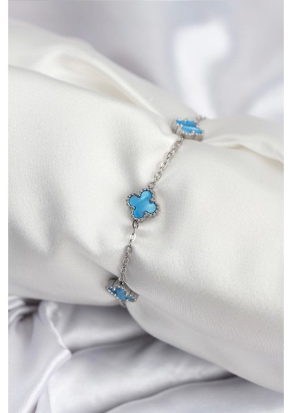 Bfs 316L Çelik Gümüş Renk Buz Mavisi Baby Boy Yonca Kadın Bileklik