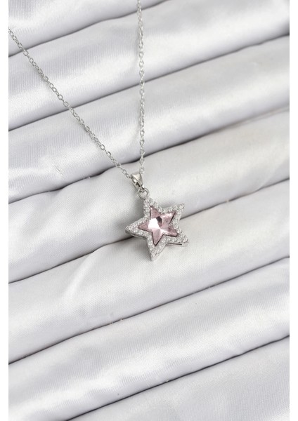 Bfs 316L Çelik Zincir Gümüş Renk Pembe Taşlı Yıldız Model Kadın Kolye