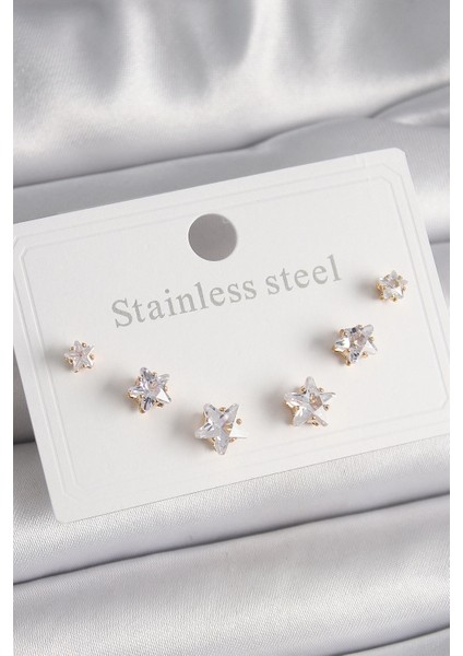 Bfs 316L Çelik Gold Renk Zirkon Taşlı Yıldız Model Kadın Küpe Seti