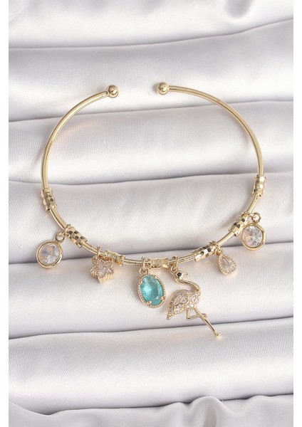 Bfs Pirinç Gold Renk Zirkon Taşlı Sallantı Filamingo Figür Charm Kadın Bileklik