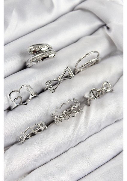 Bfs Pirinç Zirkon Taşlı Fiyonk ve Kalp Model Gümüş Renk Kadın Yüzük Kombin Set