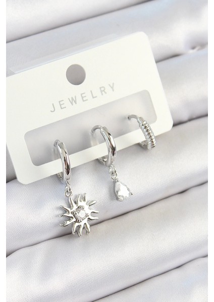 Bfs Pirinç Zirkon Taşlı Güneş Model Gümüş Renk 3'lü Çift Kadın Küpe Set