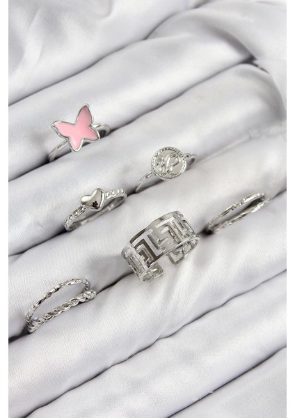 Bfs Pirinç Kelebek ve Kalp Model Gümüş Renk Kadın Yüzük Kombin Set