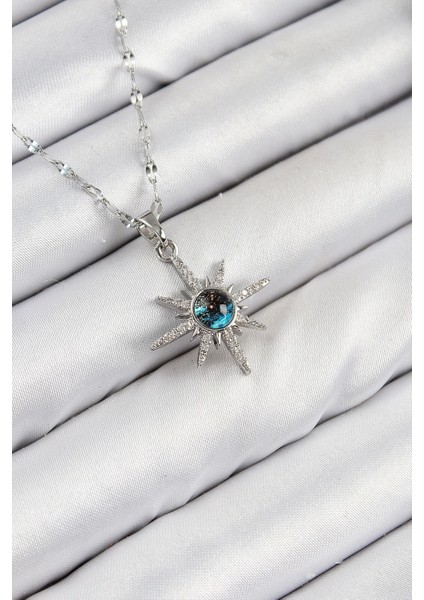 Bfs 316L Çelik Zirkon Taşlı Kutup Yıldızı Model Gümüş Renk Kadın Kolye